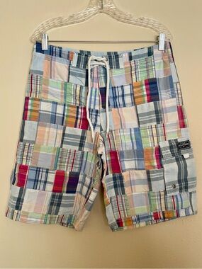 Tommy Hilfiger Madras Plaid Patchwork Shorts Cotton Mens Swim Size S 32 Preppy